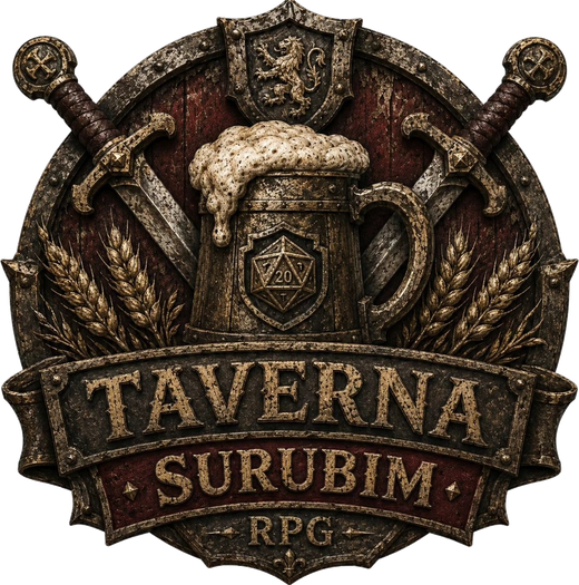 Brasão da Taverna Surubim RPG: duas espadas cruzadas atrás de uma caneca com um d20